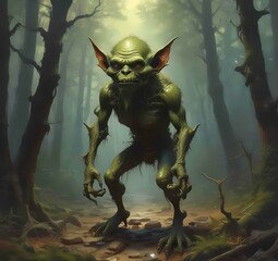 Fototapeta premium Illustration of goblin in wild forest.