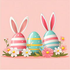 Obraz premium Pastel Easter Eggs with Bunny Ears in a Floral Setting