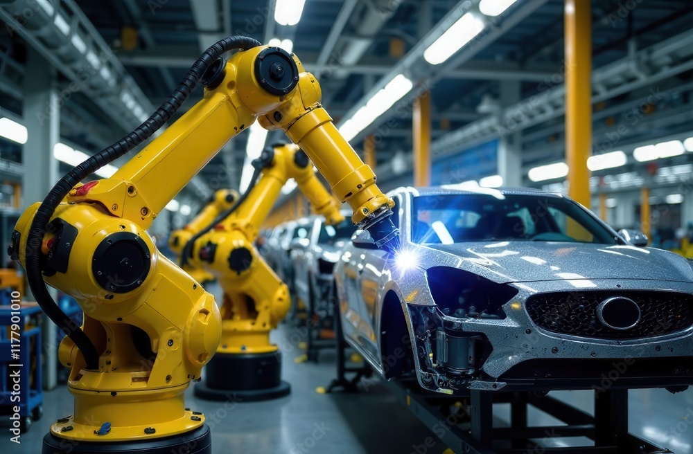 Poster automated robotic arms work diligently on car assembly lines in a high-tech manufacturing plant. thi
