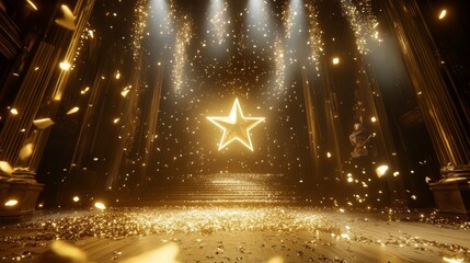 Gold podium with star vector illustration. Abstract golden award platform with glowing rays, glitter confetti sparkle rain falling from above background for product presentation.