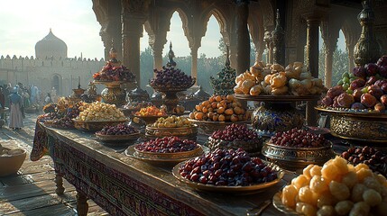 Dried fruits, nuts displayed on market table, Agrabah palace background, food scene.