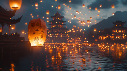 A burning paper lantern floating into the sky, with a sea of lanterns in the background, during a traditional festival