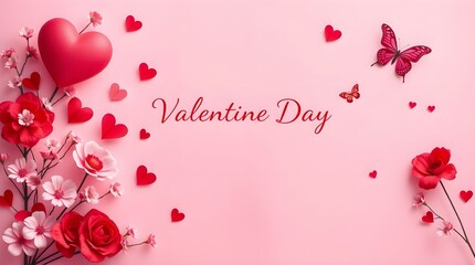 stock photo of a Valentine's Day wedding banner abstract red and pink hearts, flowers, and butterflies on a pink background. 