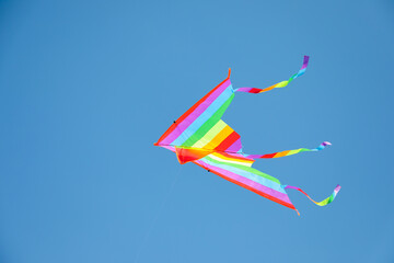 One colorful kite flying in blue sky