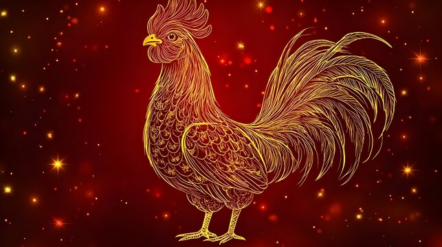 rooster on the red background A colorful cartoon rooster with a bright red comb proudly struts through a lush green garden, perfect for Chinese New Year decorations.  12 Zodiac Signs: A Golden Tribut