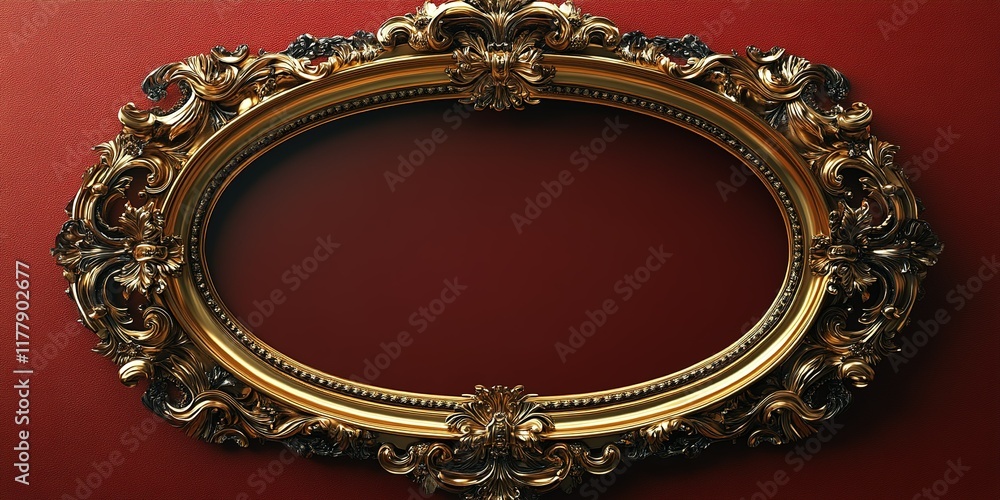 Poster elegant gold frame displaying ornate craftsmanship against a rich red wall in an artistic setting