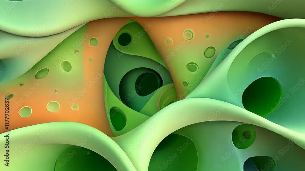 Poster a green and orange abstract image of a spiral with holes in it. the image has a surreal and dreamlik