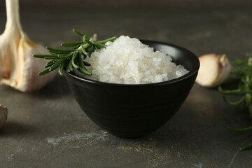 Sea salt in bowl, rosemary and garlic on grey table, closeup