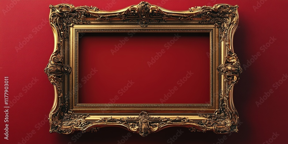 Poster ornate golden frame against a bold red wall with no art displayed inside, creating a striking visual
