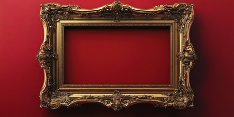 Ornate golden frame against a bold red wall with no art displayed inside, creating a striking visual contrast