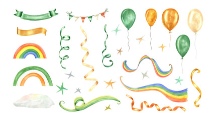 Cute traditional attributes for St. Patrick Day watercolor illustration clip. Rainbow, balloons, ribbons, banners and garland in Irish national flag colors. Additional elements for holiday decoration