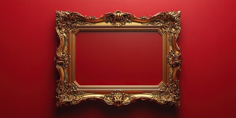 Ornate golden picture frame against a vibrant red wall creating a striking visual centerpiece for art display