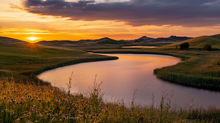 Heart Shaped Lake at Dusk with Winding River and Wildflowers