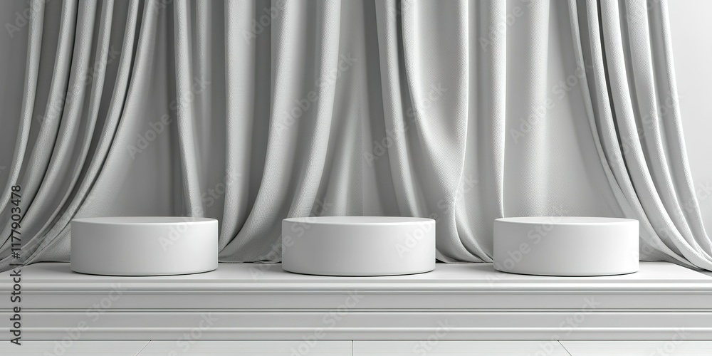 Aufkleber minimalist display with three round pedestals against soft draped fabric in a bright space