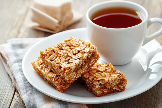 Delicious oatmeal bars with a cup of tea on a wooden table