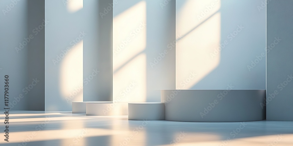 Poster minimalist interior with soft light highlighting curved platforms and clean lines in a spacious sett