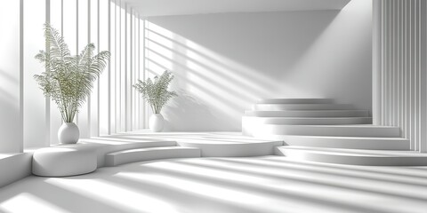 Modern minimalist interior space with natural light and greenery creating a serene atmosphere
