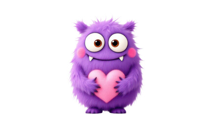 Fototapeta premium Purple fluffy monster holding a heart, isolated on a transparent background