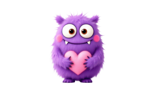 Purple fluffy monster holding a heart, isolated on a transparent background