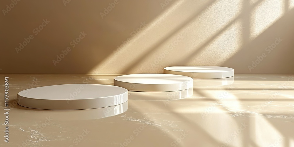 Poster circular display stands casting shadows in a minimalistic interior with soft natural lighting