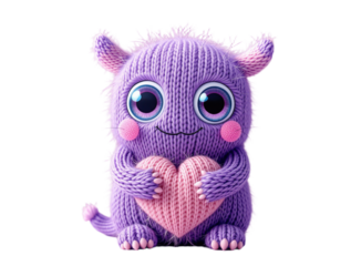 Purple knitted monster holding a heart, isolated on a transparent background
