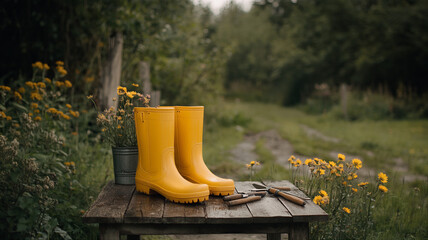 Fototapeta premium Gardening accessories yellow waterproof boots on the table in the garden. 