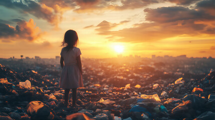 Poverty sticken polluted third world country with homeless abandoned girl in the dump picking garbage, refuse, waste. Girl child education silhouette. Third world children homeless trash