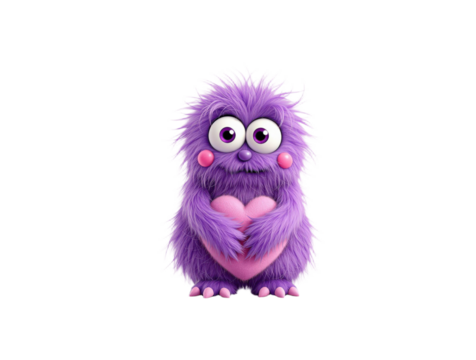 Purple fluffy monster holding a heart, isolated on a transparent background