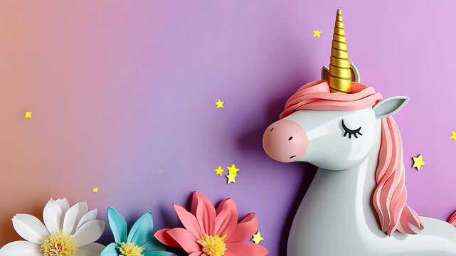 A unicorn is sitting on a purple background with pink flowers and stars. The unicorn is surrounded by a rainbow and has a golden horn. The image has a whimsical and playful mood