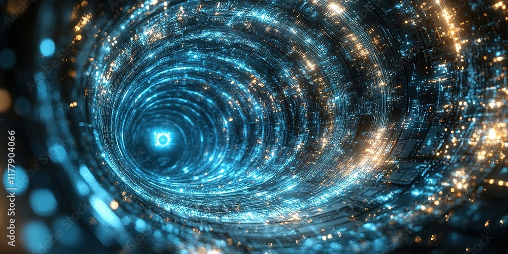 Poster exploring a futuristic digital vortex with glowing lights and intricate patterns