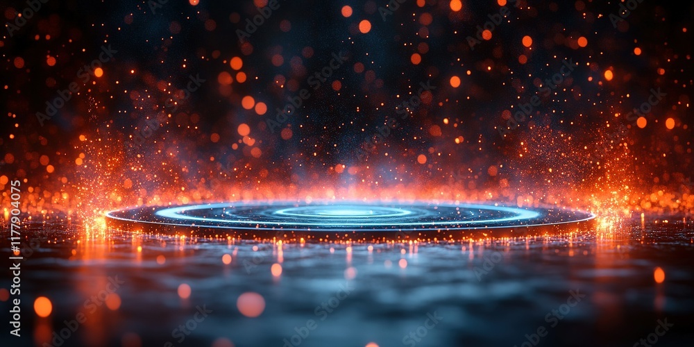 Aufkleber vibrant circular pattern on a wet surface illuminated by glowing particles in dark surroundings