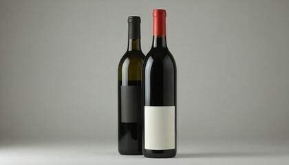 Two bottles of wine with blank labels isolated on a grey background.