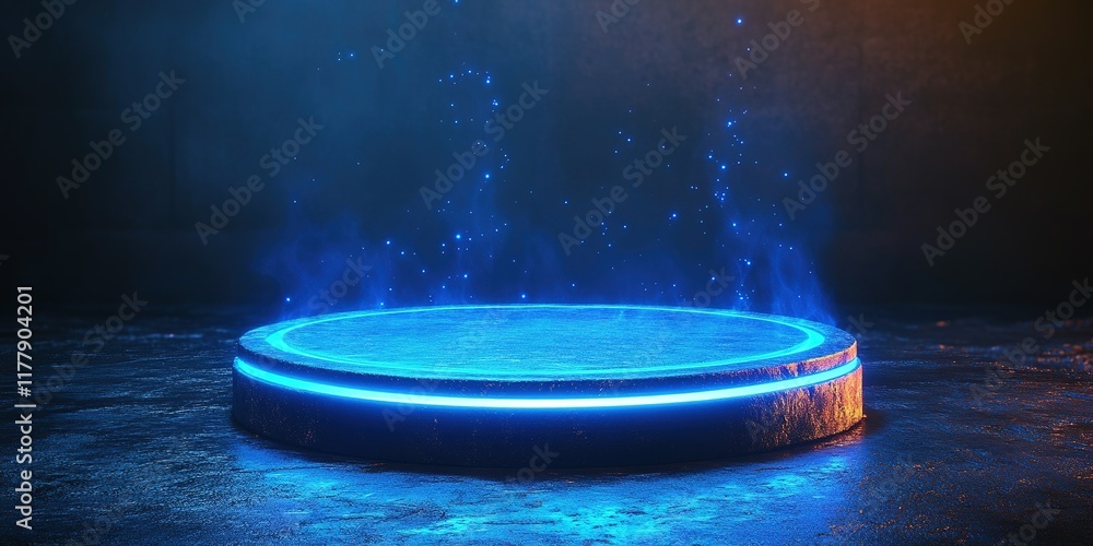 Poster circular platform illuminated by blue lights with subtle mist creating an ethereal atmosphere in a d