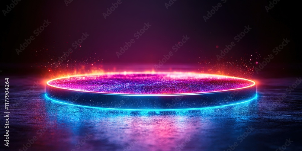 Poster colorful illuminated circular platform creating vibrant reflections in a dark environment during nig