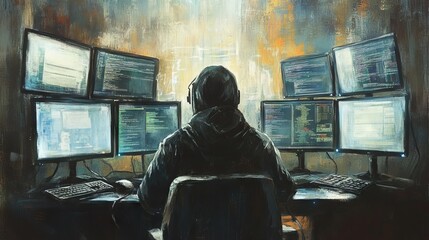 Obraz premium Hacker sits in front of monitors. Anonymous hooded back view. Hacker attack on remote servers or user computers. Internet piracy technologies. Stealing passwords, data. Flat Vector illustration