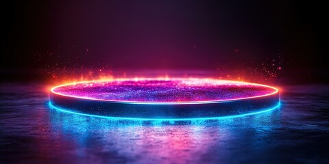 Colorful illuminated circular platform creating vibrant reflections in a dark environment during nighttime