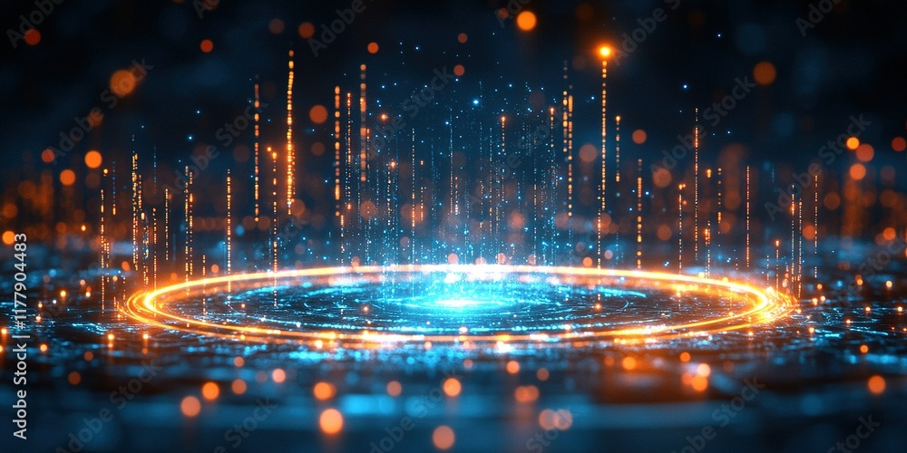 Poster bright circular light display with sparkling particles set against a dark background at an abstract 