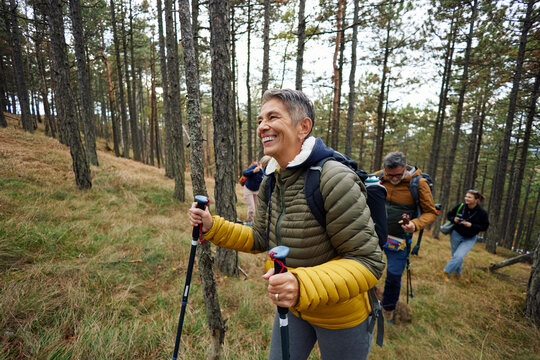 Active people hiking through the forest