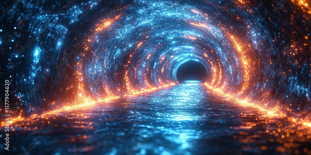 Poster vibrant light patterns illuminate an underwater tunnel with reflections in a mesmerizing display of 