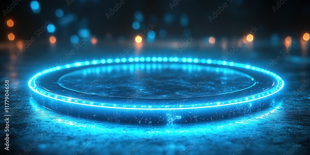 Poster illuminated circular platform with glowing blue lights in a dark misty setting