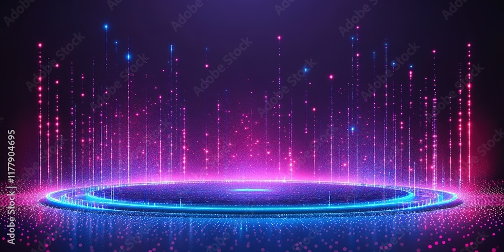 Poster colorful light display with sparkling particles on a dark background during a digital event