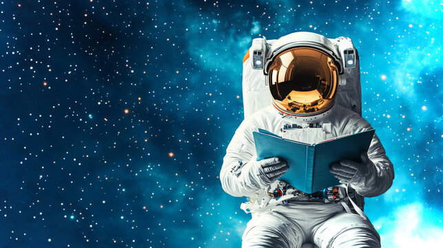 Astronaut reviews fitness progress while floating in space surrounded by stars and galaxies