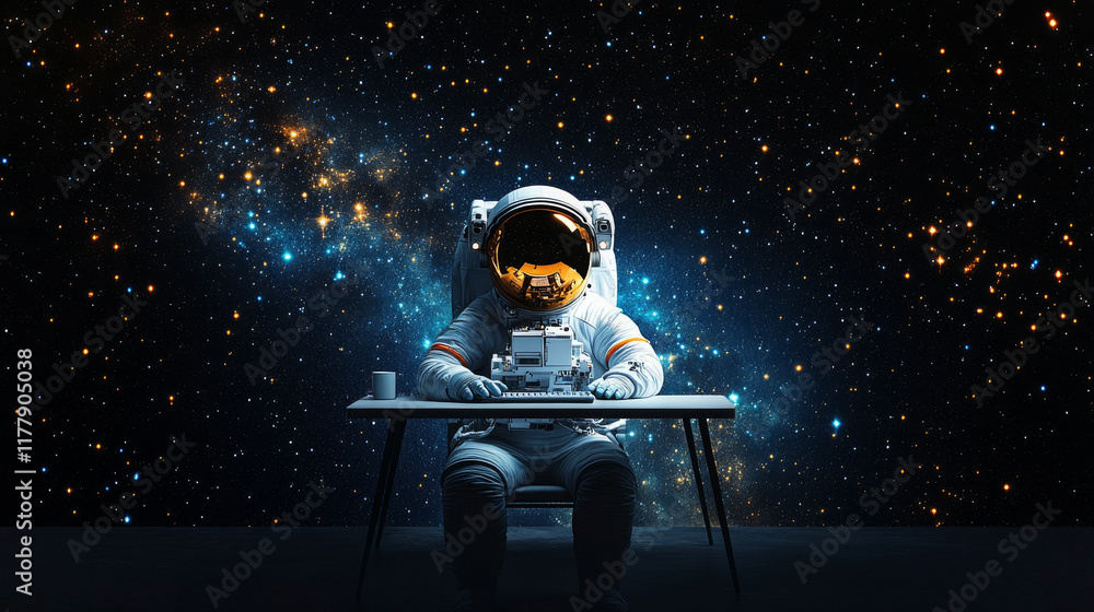 Poster astronaut sits at home computer in front of a starry galaxy background while checking ai data