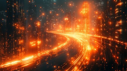 Futuristic Glowing Cityscape Highlighting Vibrant Digital Light Trails Photo