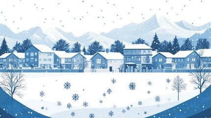 Snowy village winter landscape, mountains background, holiday card