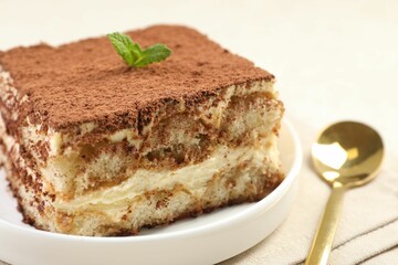 Delicious tiramisu with mint on light table, closeup