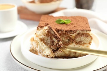 Delicious tiramisu with mint on light table, closeup