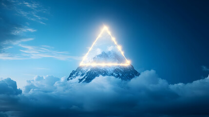 Luminous triangle atop snowy mountain peak, cloudscape background; success, achievement concept