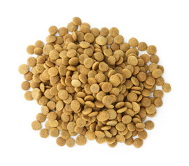 Pile of pet food isolated on white, top view