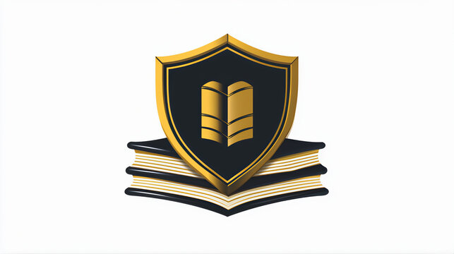 Education knowledge protection and academic success emblem. Gold shield book logo with stacked books. Education shield logo symbolizing knowledge, learning, and academic excellence